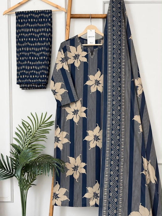 Blue Floral Striped Cotton Kurta Set