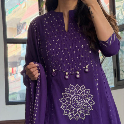 Premium Purple Flared Cotton Anarkali Kurta Set