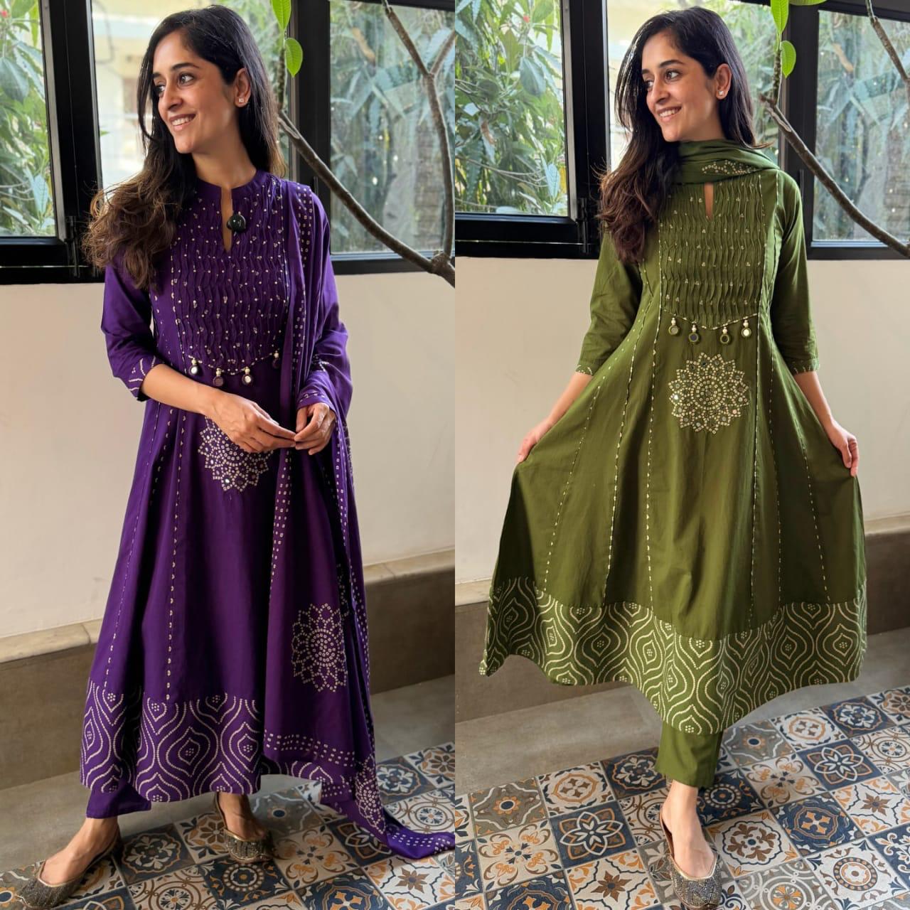Premium Purple Flared Cotton Anarkali Kurta Set