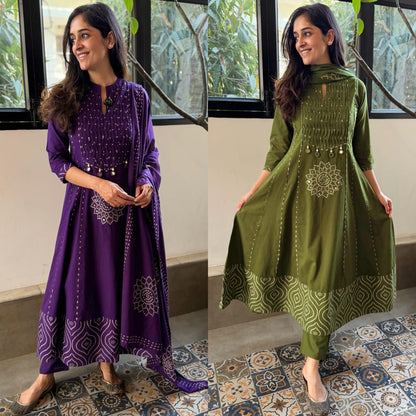 Premium Olive Green Cotton Anarkali Kurta Set