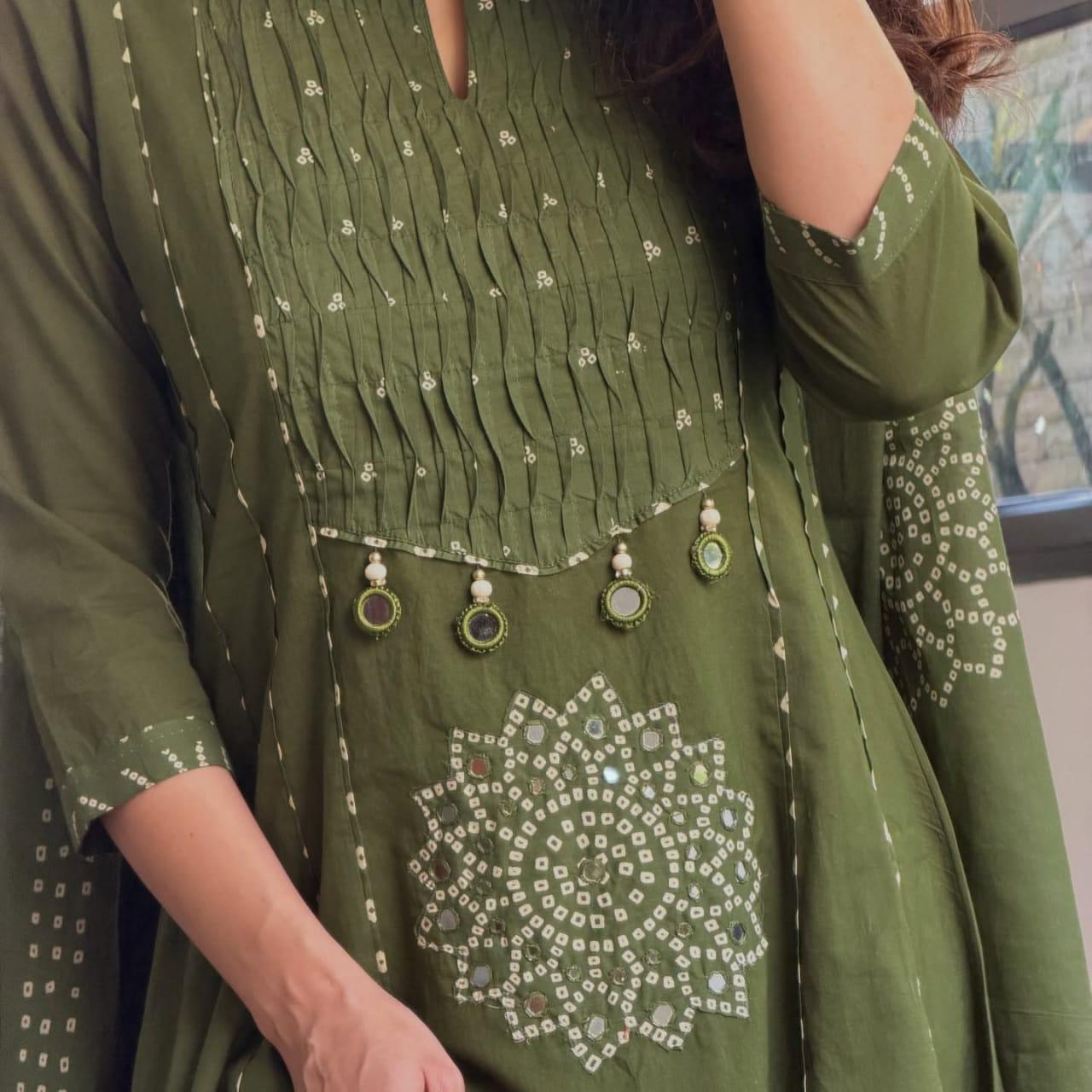Premium Olive Green Cotton Anarkali Kurta Set
