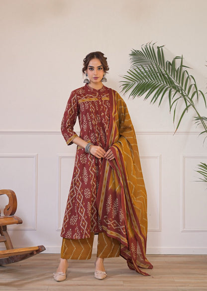 Geometric Maroon Ikat Print Cotton Kurta with Palazzo & Dupatta Set