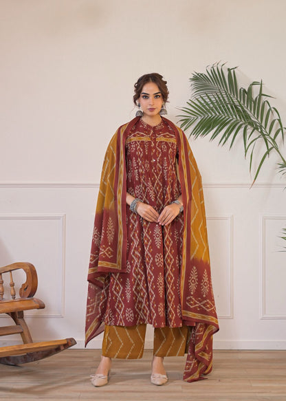 Geometric Maroon Ikat Print Cotton Kurta with Palazzo & Dupatta Set