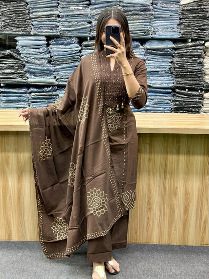 Chocolate Brown Gola Straight Cotton Kurta Pant Dupatta  Set