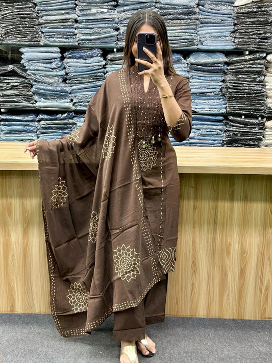 Chocolate Brown Gola Straight Cotton Kurta Pant Dupatta  Set