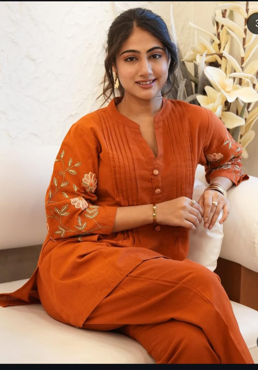 Jaipur Premium Elegant Rust Orange Kurta Set With Floral Embroidery