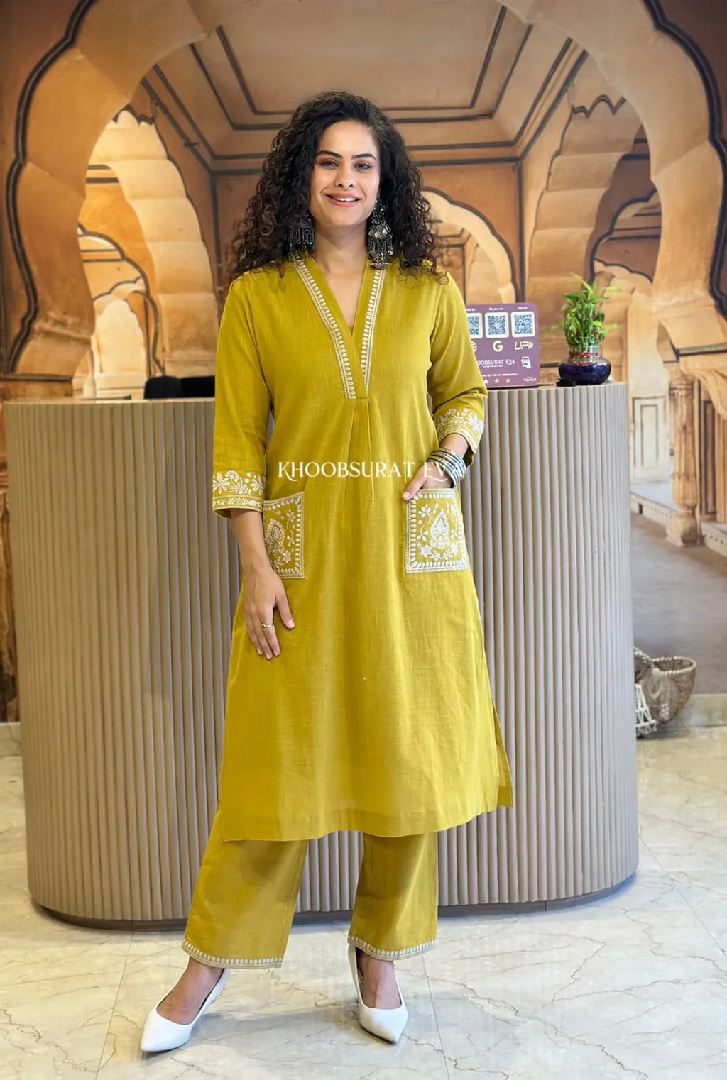 JK Fashion Mustard Yellow Cotton Kurta With White Embroidery