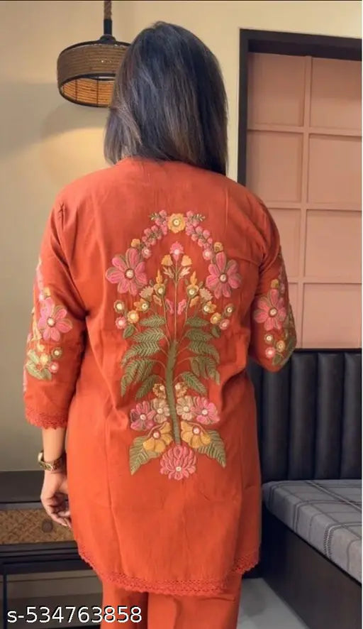 Simple Cotton Rust Embroidered Kurti With Pant
