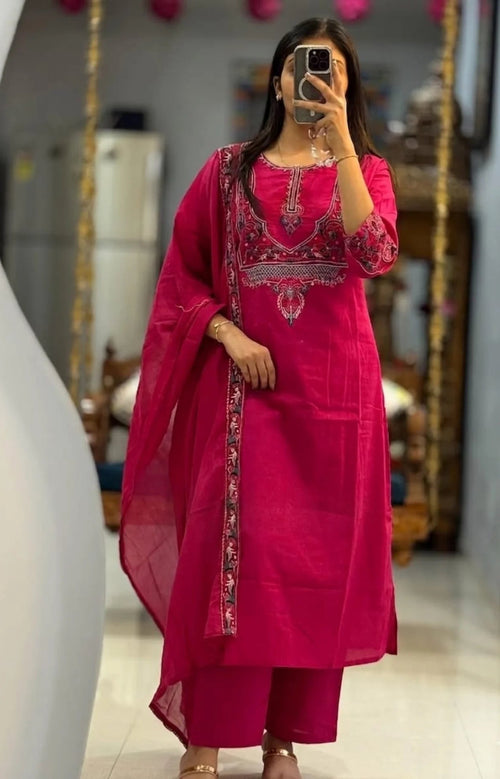 Beautiful Pink Embroidery Kurta With Pant And Dupatta Set