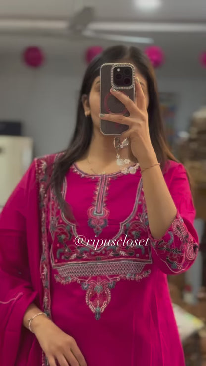 Beautiful Pink Embroidery Kurta With Pant And Dupatta Set