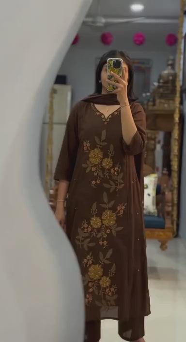 Chocolate Brown Embroidered Cotton Silk Kurta Set