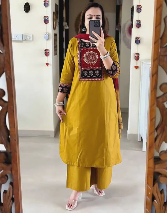 Rajasthani Mirror Work Yellow Kurti Dupatta Set
