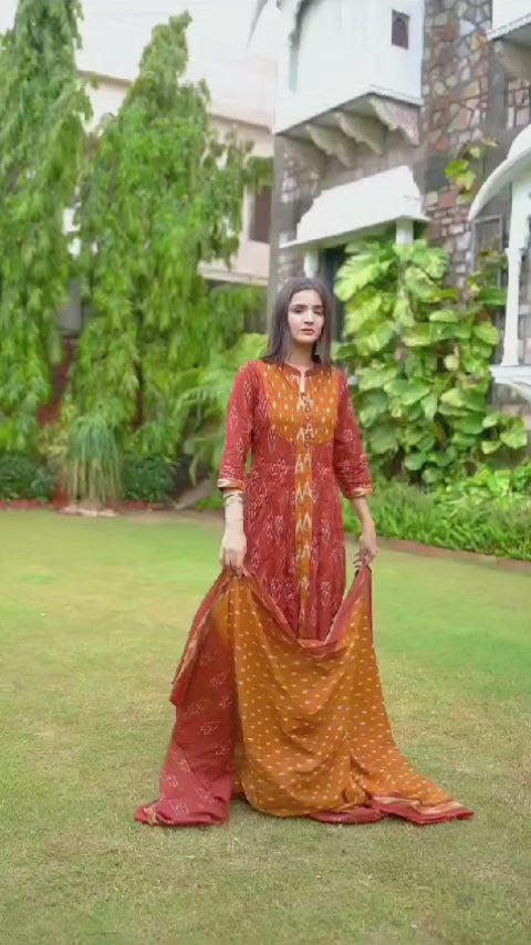 Ikkat Print Stylish Kurti With Pant And Dupatta Set