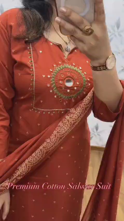 Rust Discharge Kurti With Pant And Dupatta Set