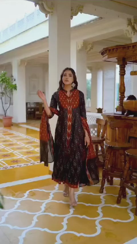 Ikkat Anarkali Kurti With Pant And Dupatta Set