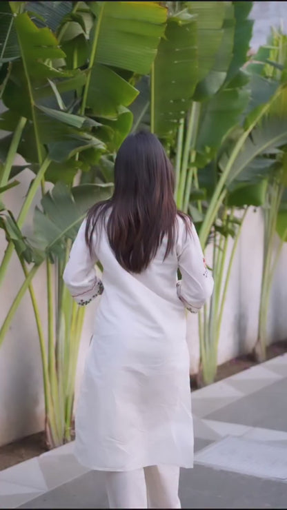 Off White Embroidered Cotton Kurta and Pant Set